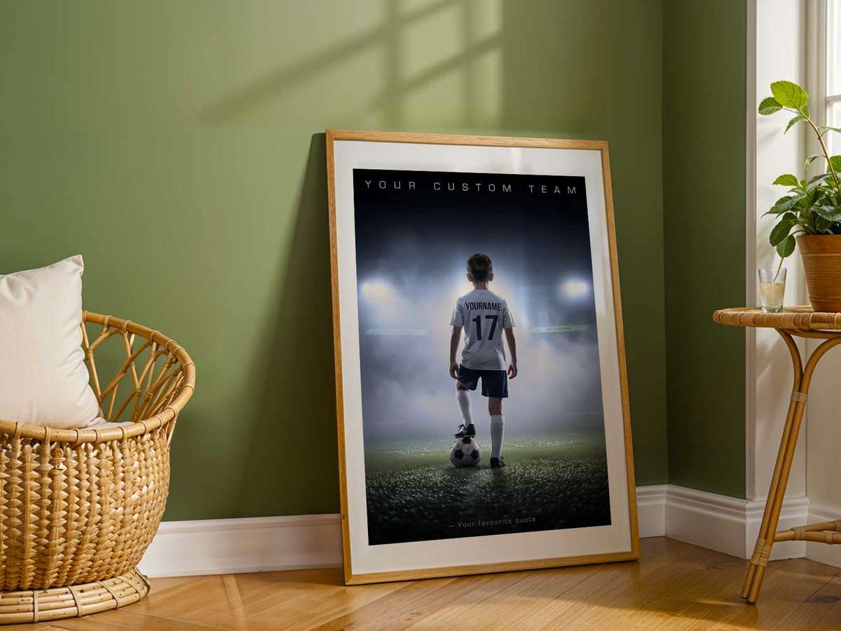 Oversized black-and-white player portrait printed on canvas as a focal piece above a bed