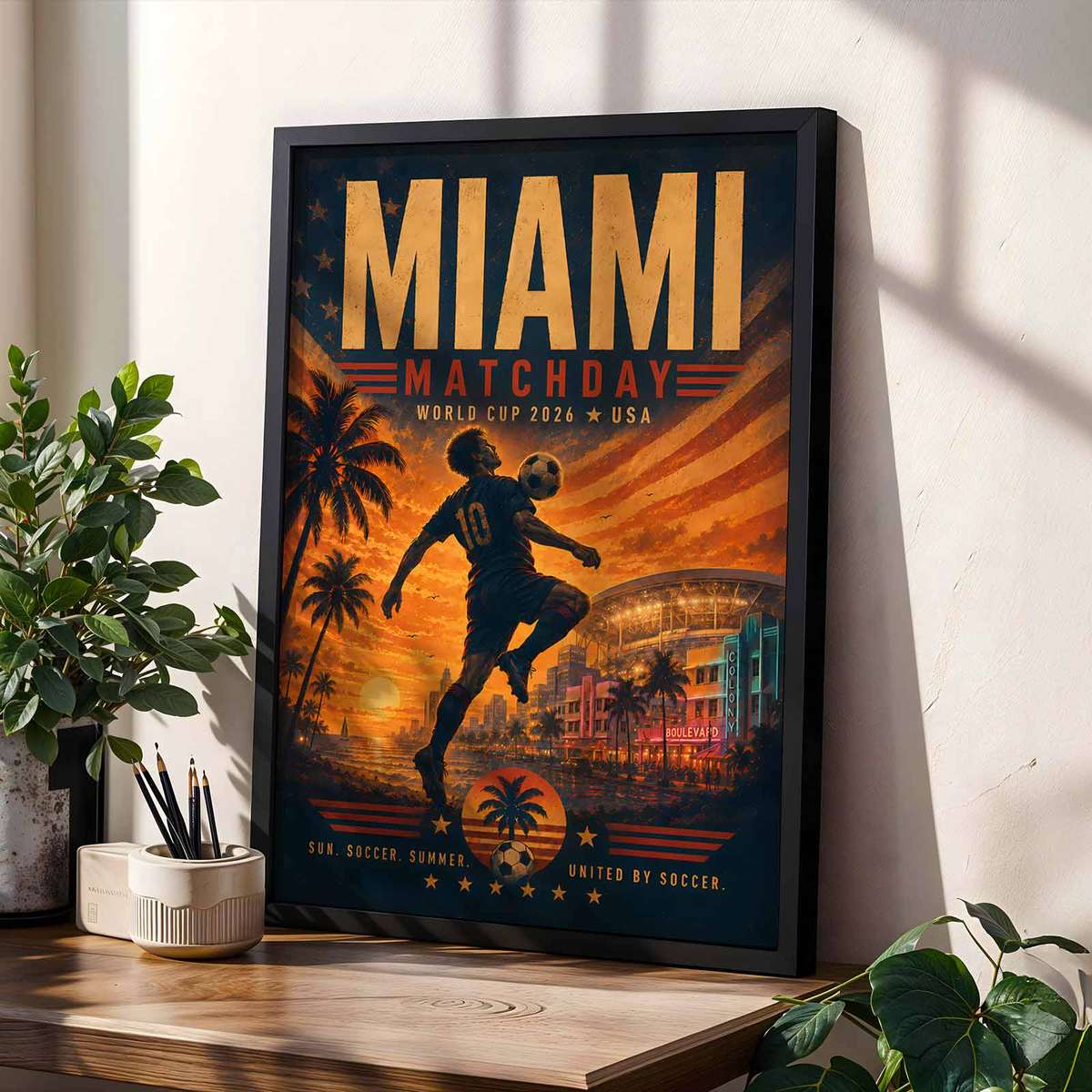 Framed World Cup 2026 poster hanging on a living room wall above a shelf of soccer memorabilia