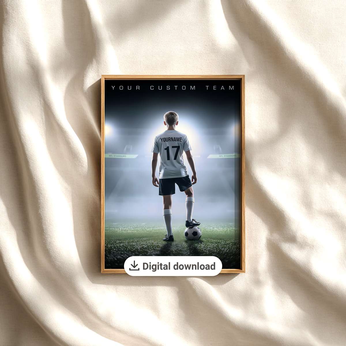 Minimalist soccer player silhouette centered with balanced negative space and geometric accents