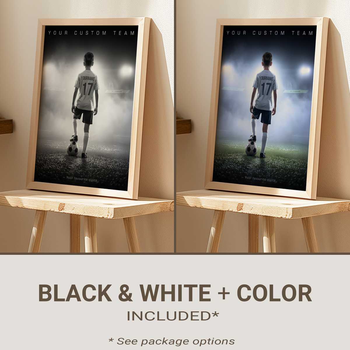Framed soccer jersey with player name, number, and team logo displayed on a wall