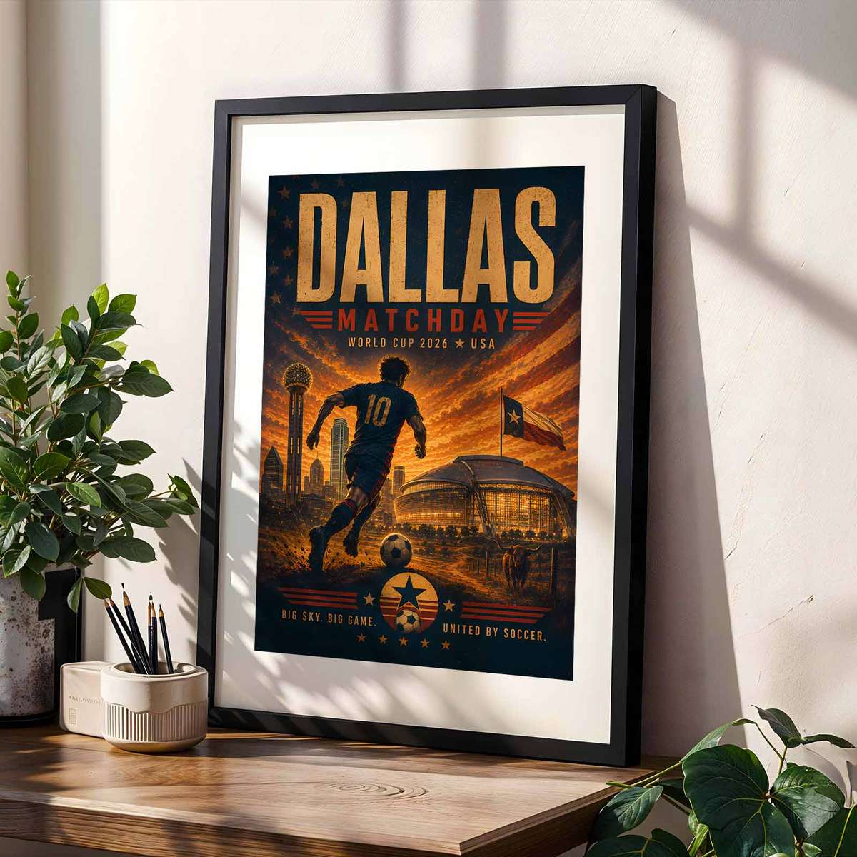 Customizable poster mockup showing space for fan name, match date, and a Dallas-themed border