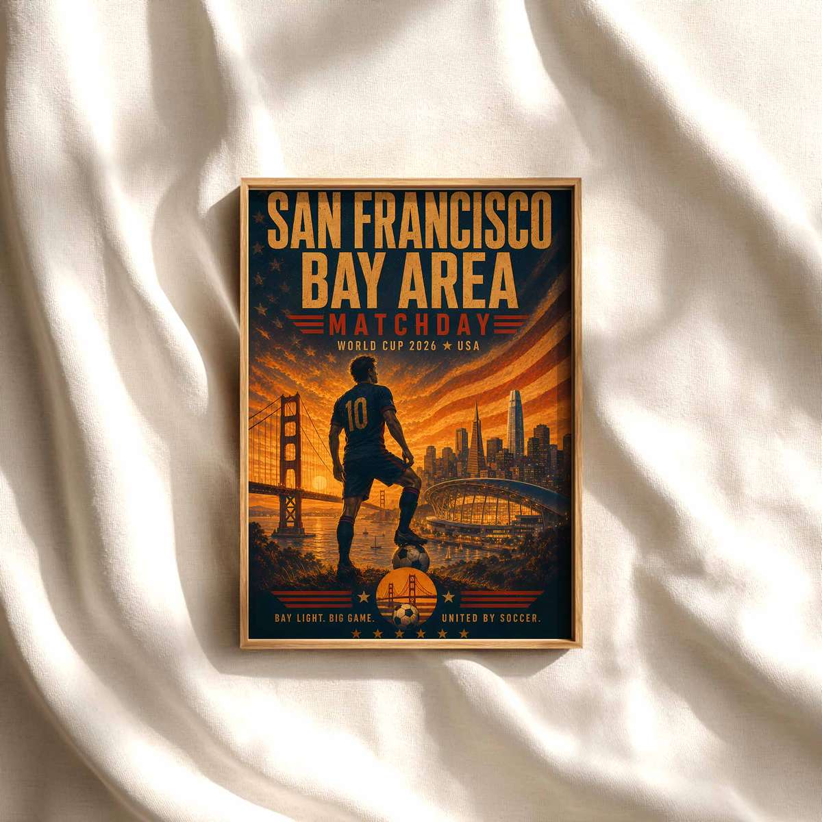 Poster showing San Francisco skyline at dusk with warm stadium floodlights casting a glow over the city