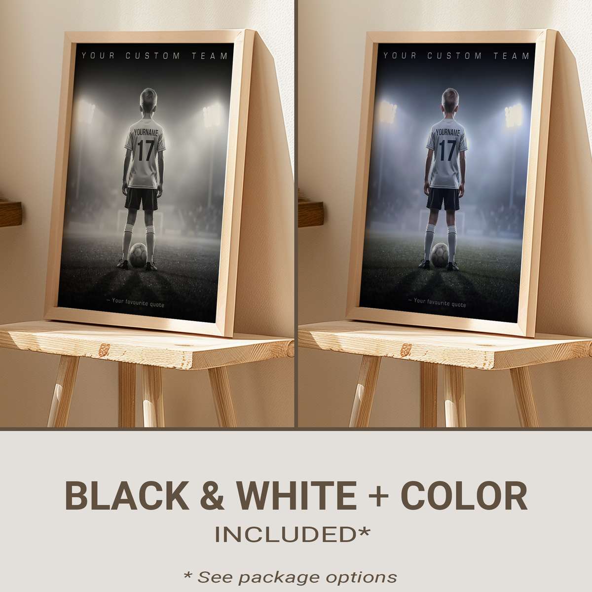 Modern poster showing a soccer player portrait with bold name and number, personalized colors and subtle season dates in…