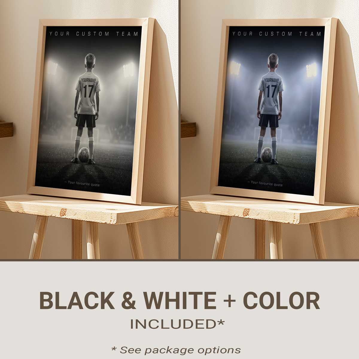Close-up poster of a female football player with layered photo and handwritten notes telling her journey