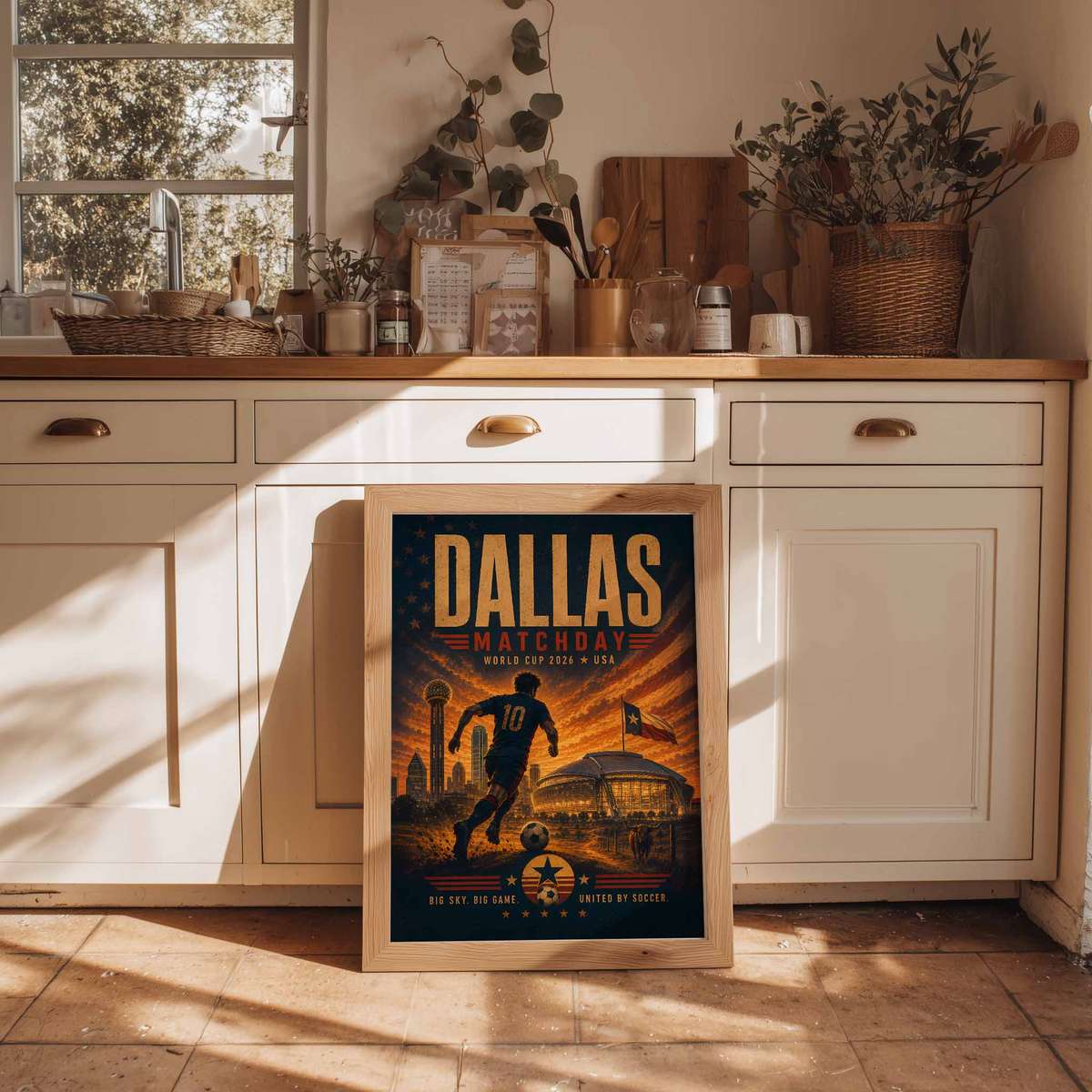 Silhouette of a player striking a pose against a stylized Dallas cityscape in a commemorative poster