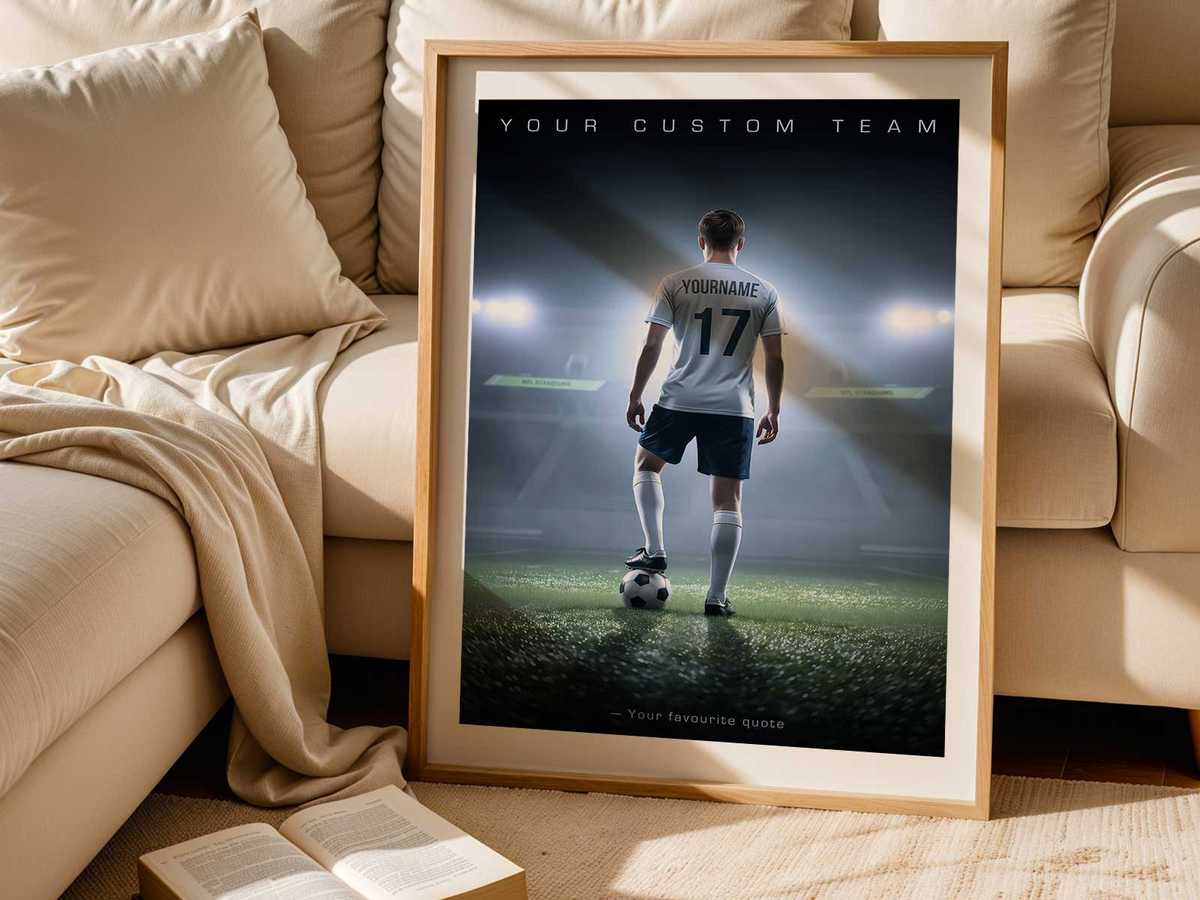 Poster combining a tactical position diagram with player name and signature color palette