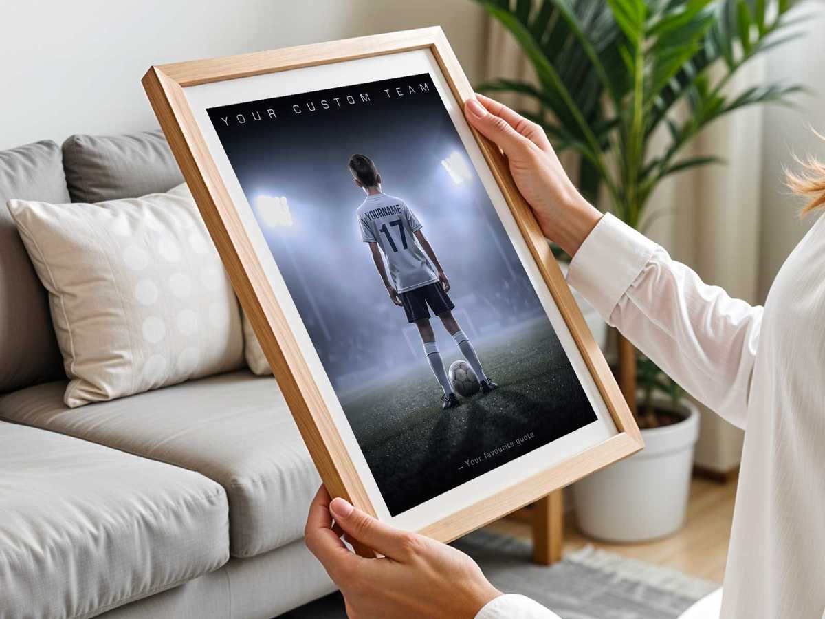 Close view of poster typography and layout emphasizing player name, number, and a short biography