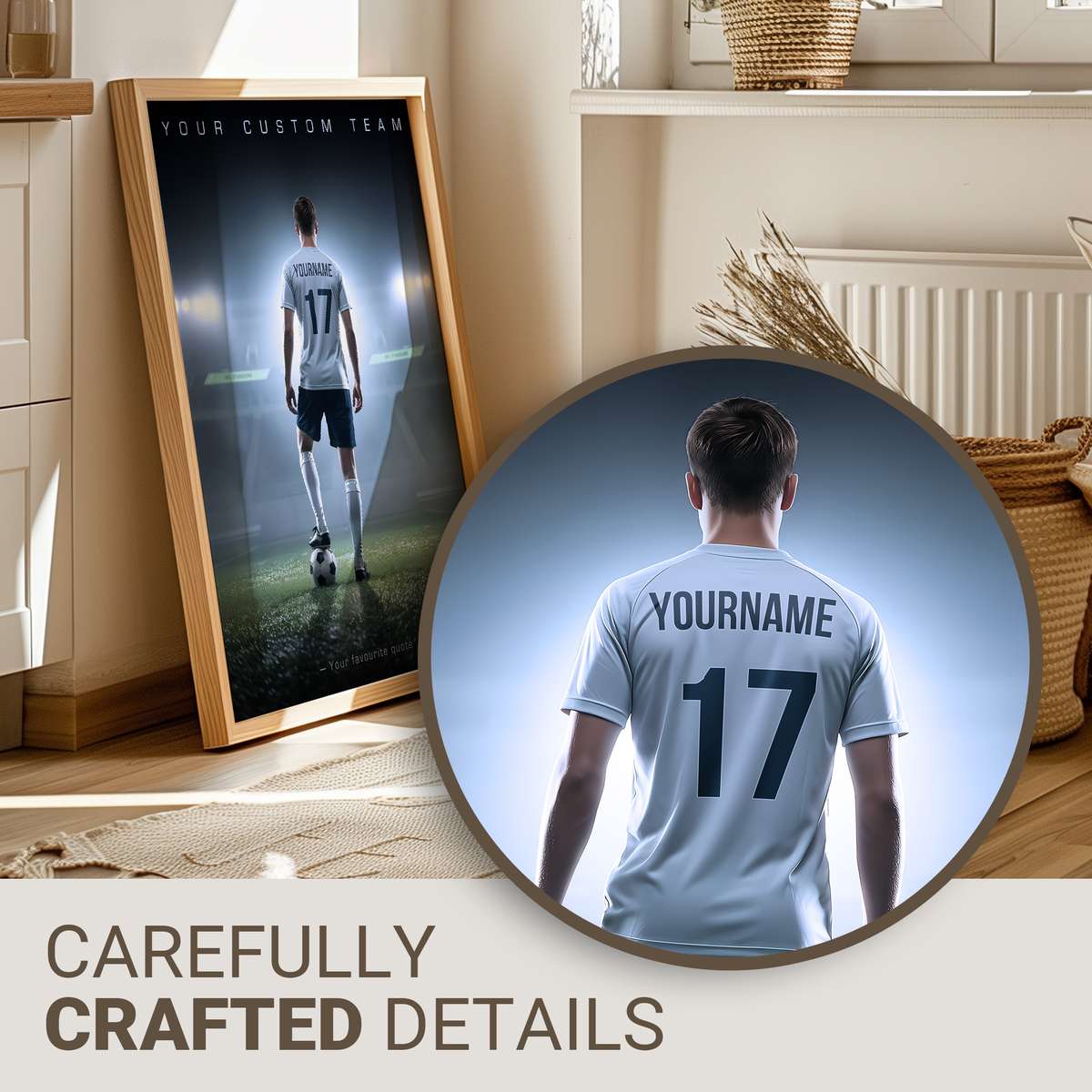 Framed soccer fan poster showing a collage of club crest, family photos and stadium silhouette on a living room wall