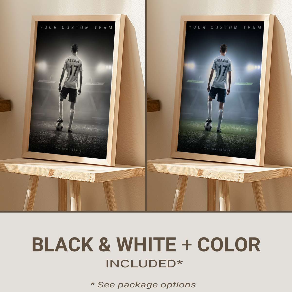 Framed soccer fan poster showing a collage of club crest, family photos and stadium silhouette on a living room wall