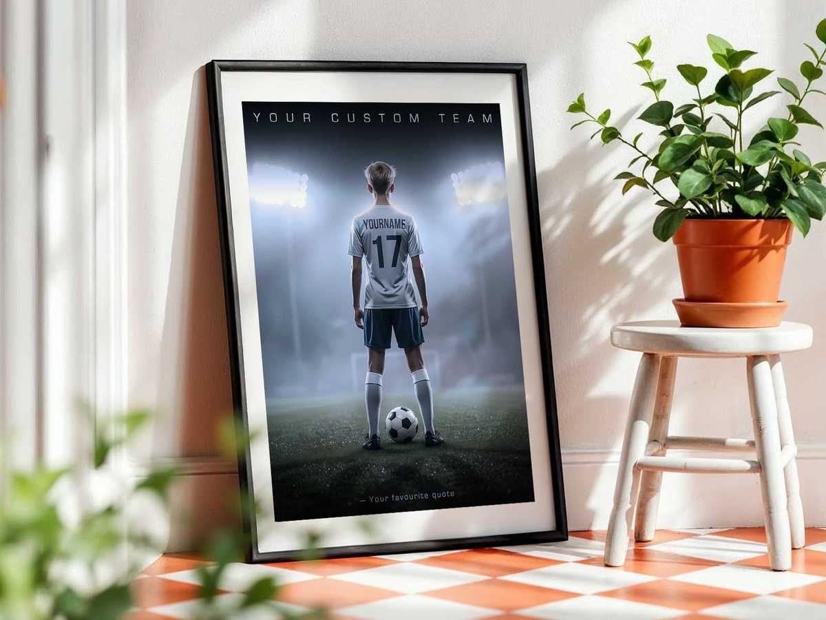Decorative bedroom sports corner with a framed custom poster showing season statistics and a jersey motif above a desk