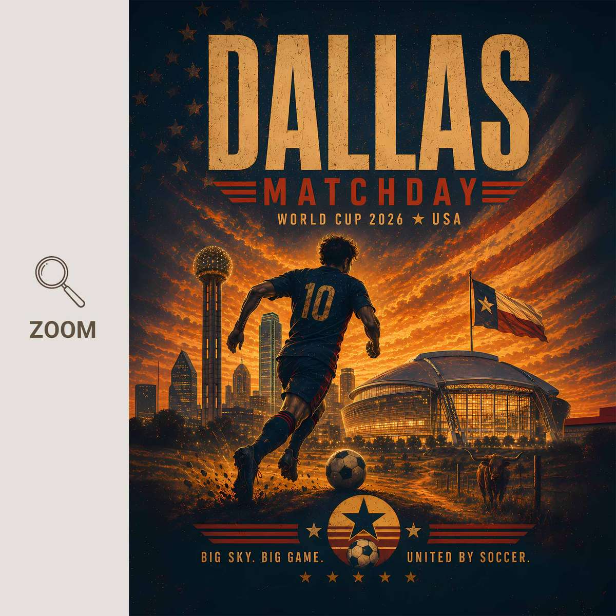 San Francisco skyline with the Golden Gate in twilight and a triumphant goal scene integrated into the poster design