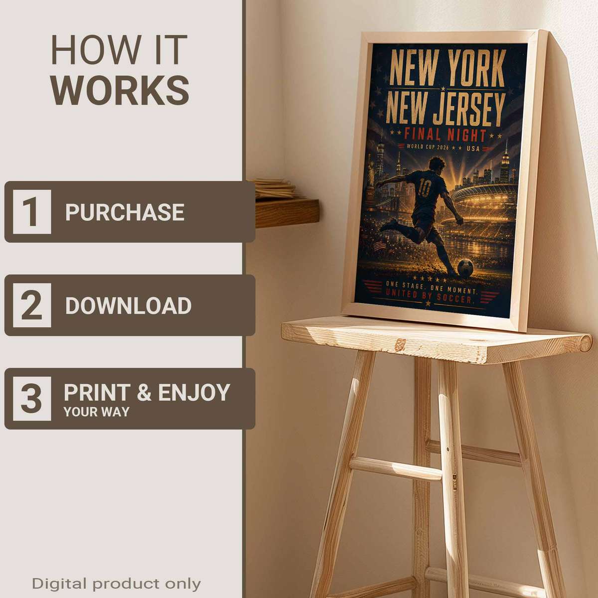 Poster of New York skyline at sunset with World Cup 2026 stadium lights glowing in the foreground