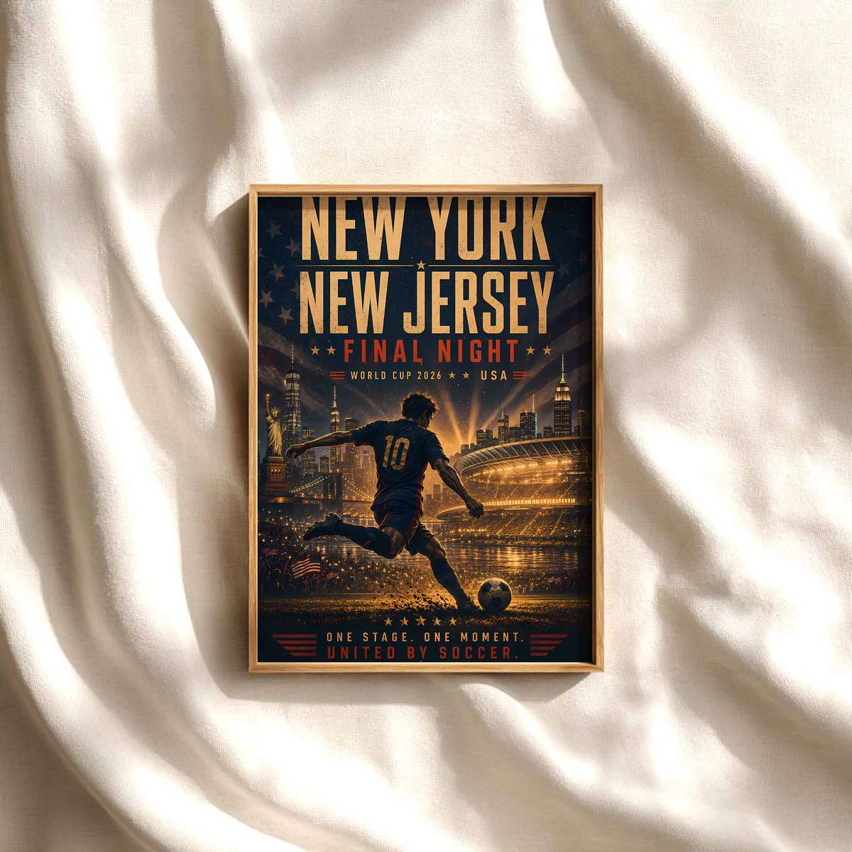 Poster of New York skyline at sunset with World Cup 2026 stadium lights glowing in the foreground