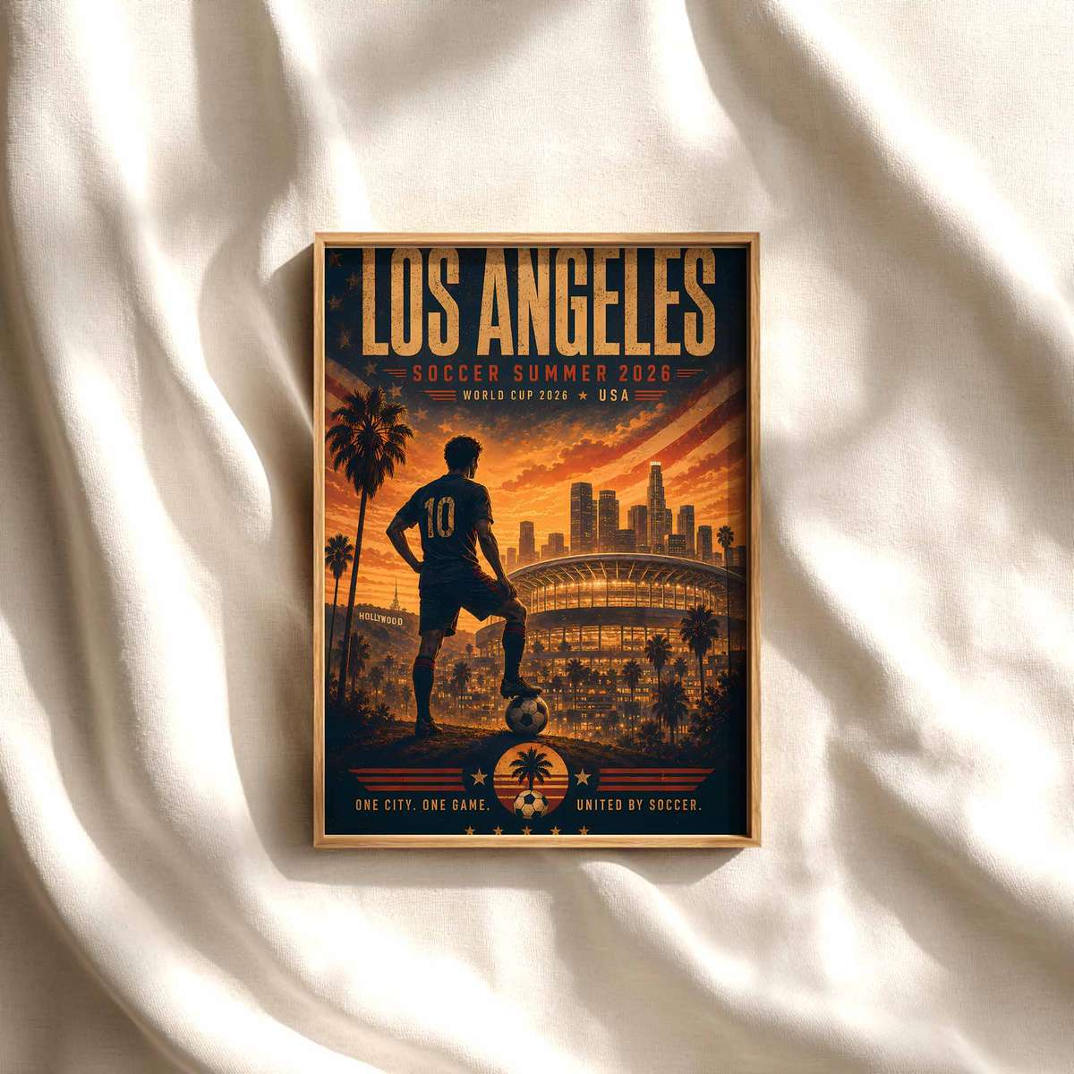 Stylized Los Angeles skyline at dusk with warm final-night stadium lights illuminating the city and a subtle soccer ball…