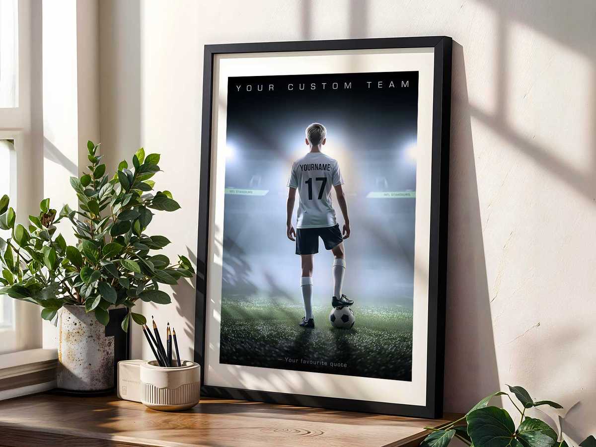 Single large soccer poster paired with a few curated accessories on a side table