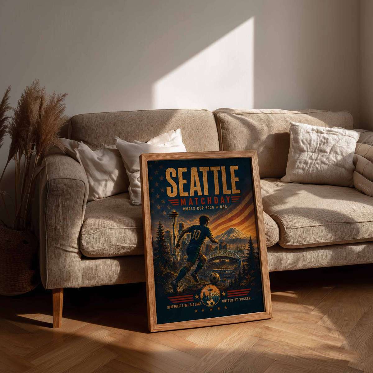 Seattle skyline reflecting on the waterfront at night with subtle World Cup iconography