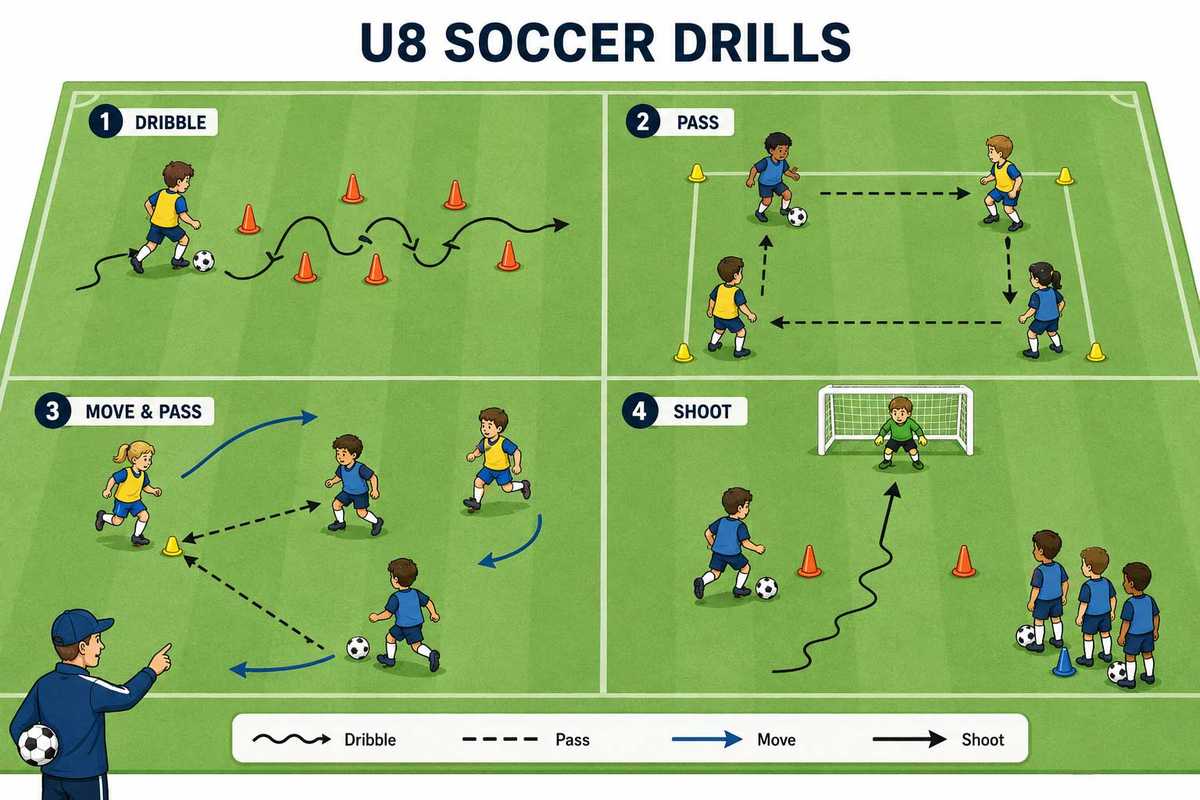 Young player performing a shoulder check and quick turn around a cone while keeping the ball close