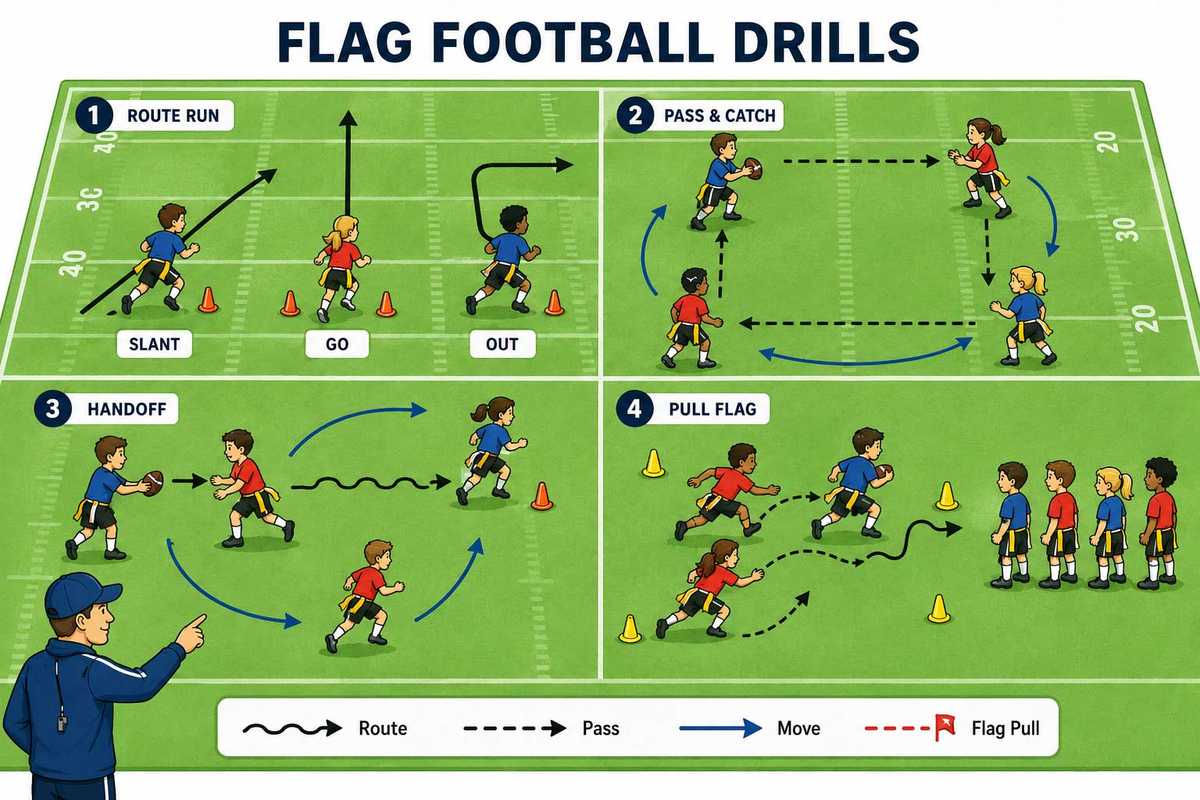 Group of 12-year-old soccer players in a rondo possession drill with a player in the middle trying to intercept