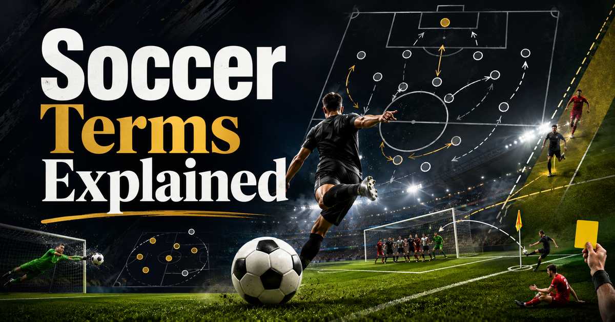 Illustrated soccer field showing common player positions like goalkeeper, defenders, midfielders, and forwards