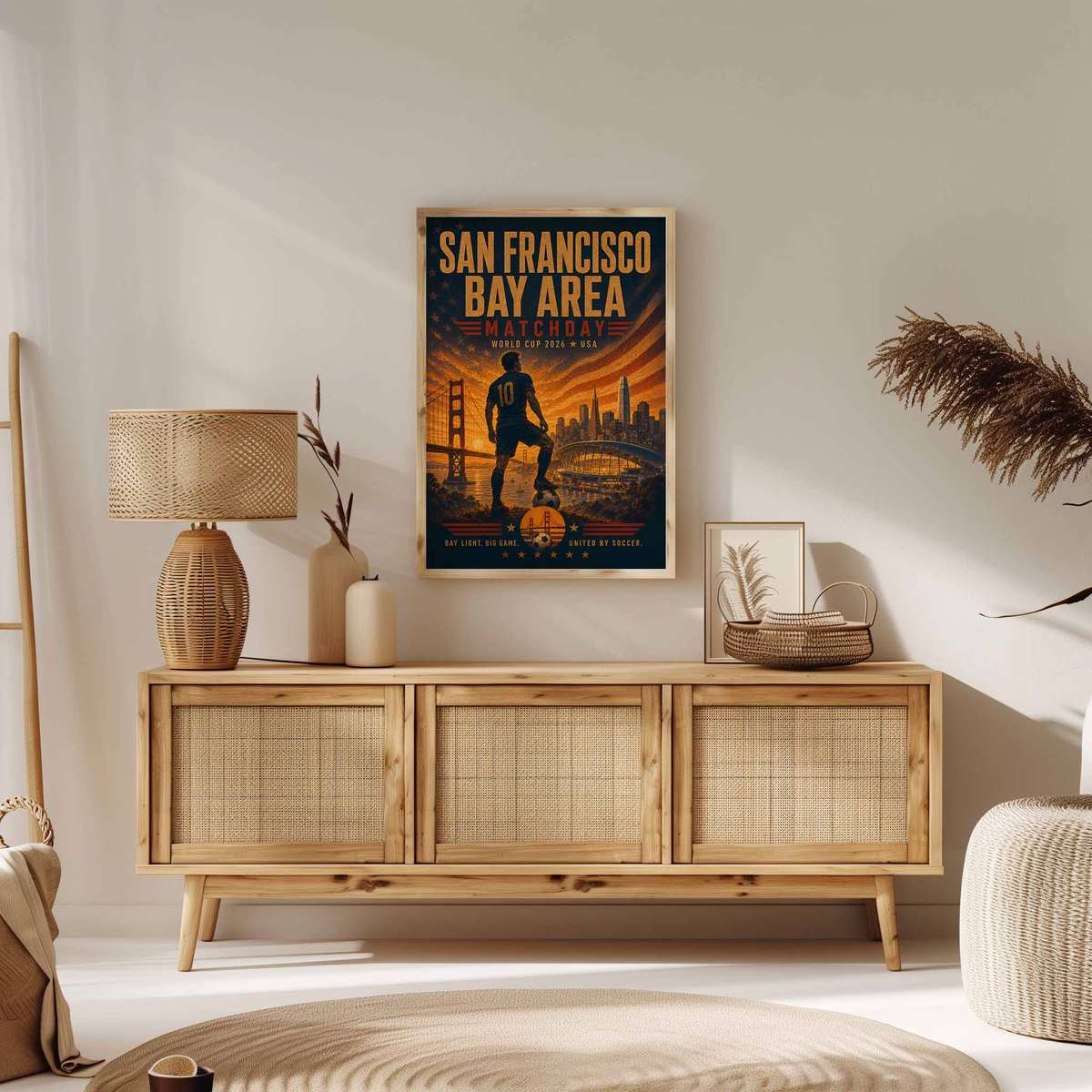 Poster with close-up of stadium floodlights turning on at sunset, with the bay and bridge faintly visible