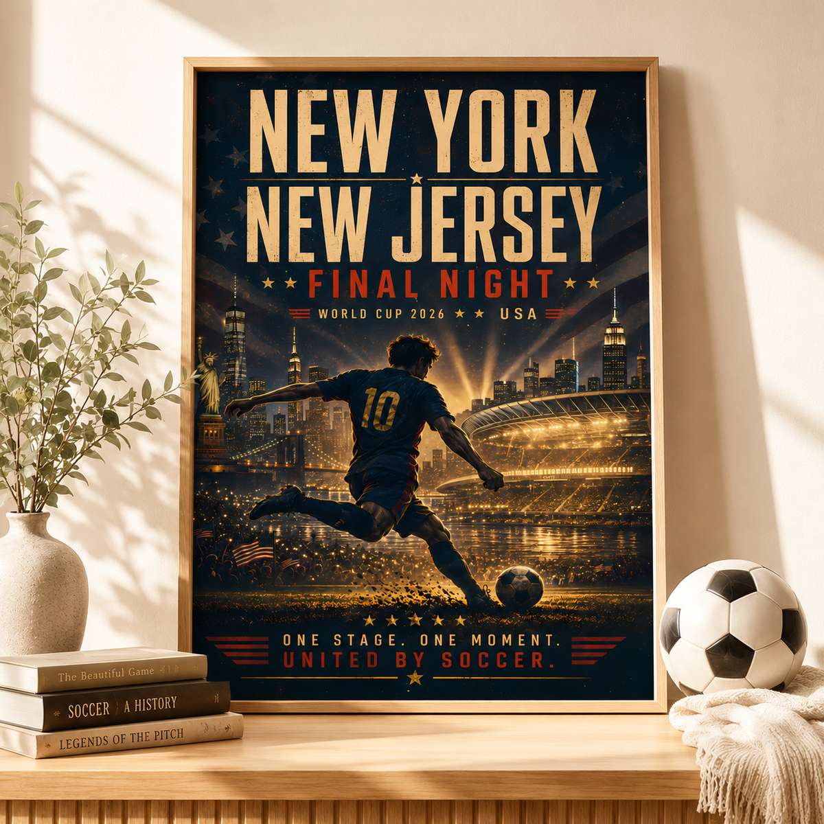 Street-level perspective poster showing fans walking toward the illuminated stadium with skyscrapers towering above