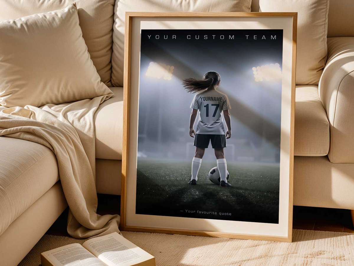 Bedroom with subtle USWNT-inspired bedding and a single large abstract poster referencing team colors in soft tones