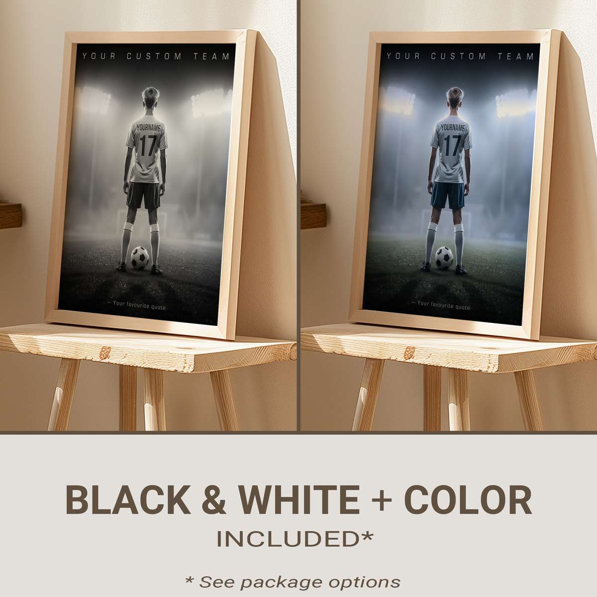 Minimalist soccer poster above a neutral sofa showing team palette and clean lines