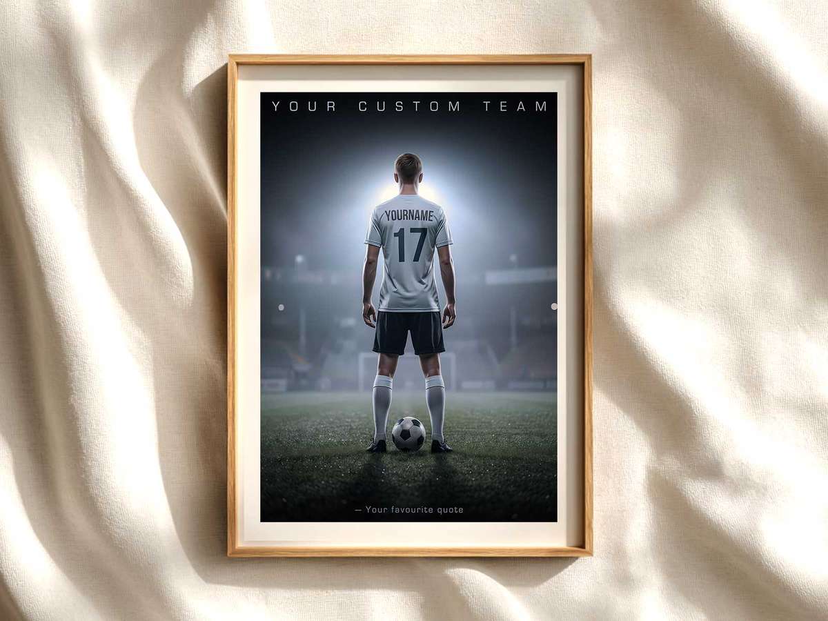 Close-up poster-style portrait of a soccer player with bold name and number overlay emphasizing personality