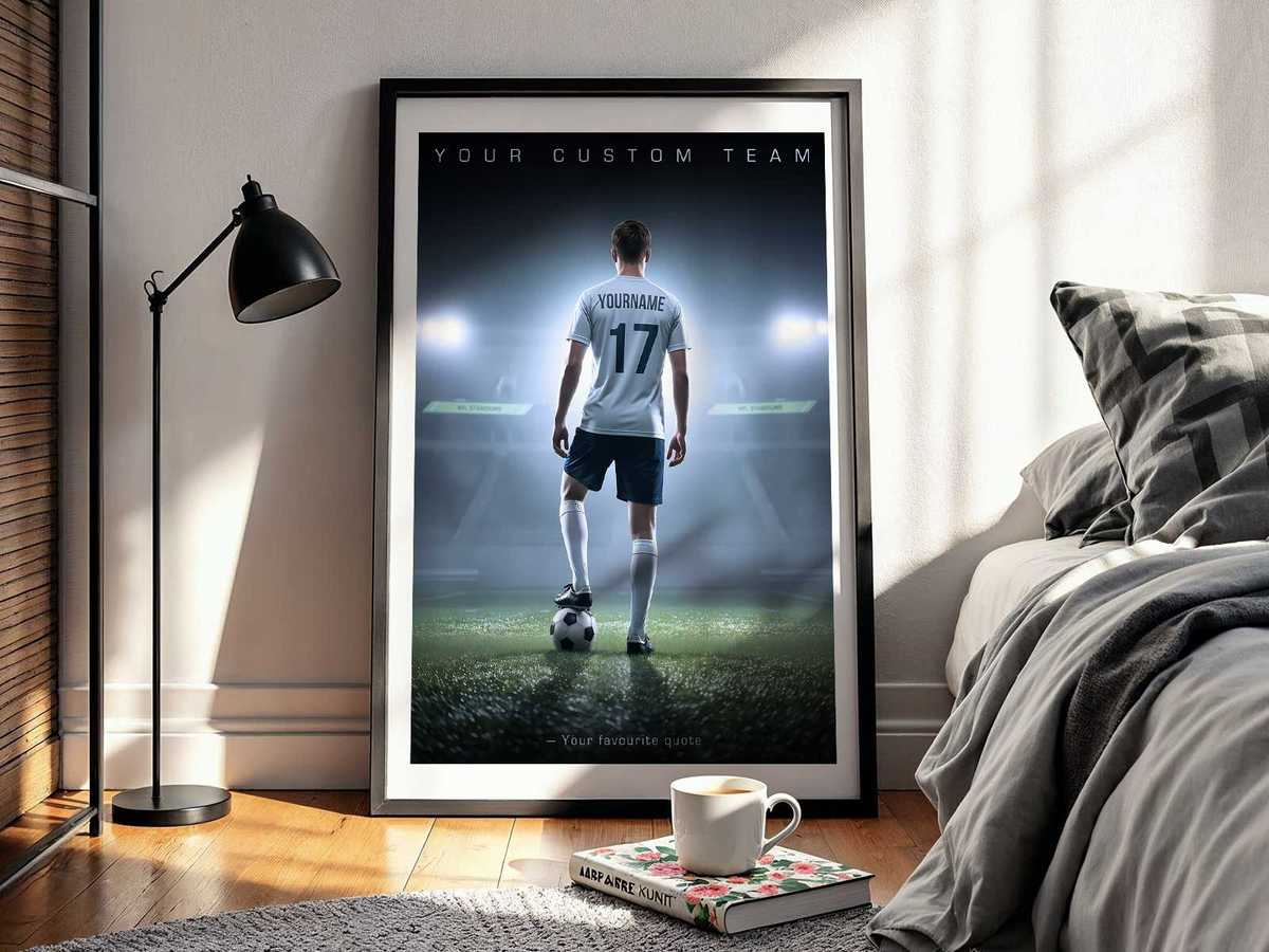 Poster showing a player's name beside teammates' silhouettes to evoke belonging and collective progress