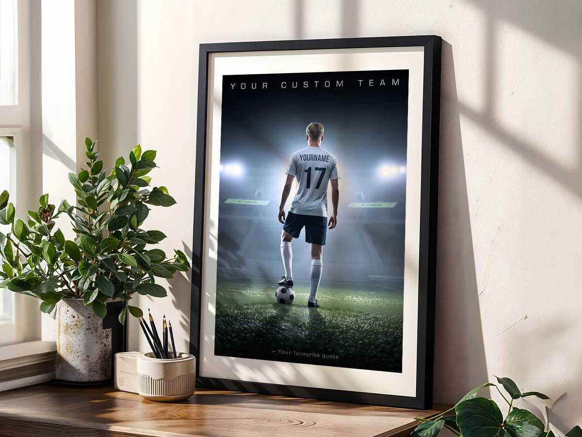 Framed collage of candid game and training photos labeled with dates from the season