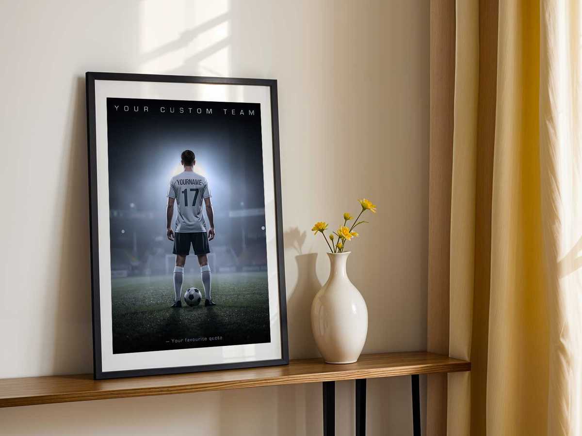 Poster featuring bold team colors used as a single accent on a clean wall