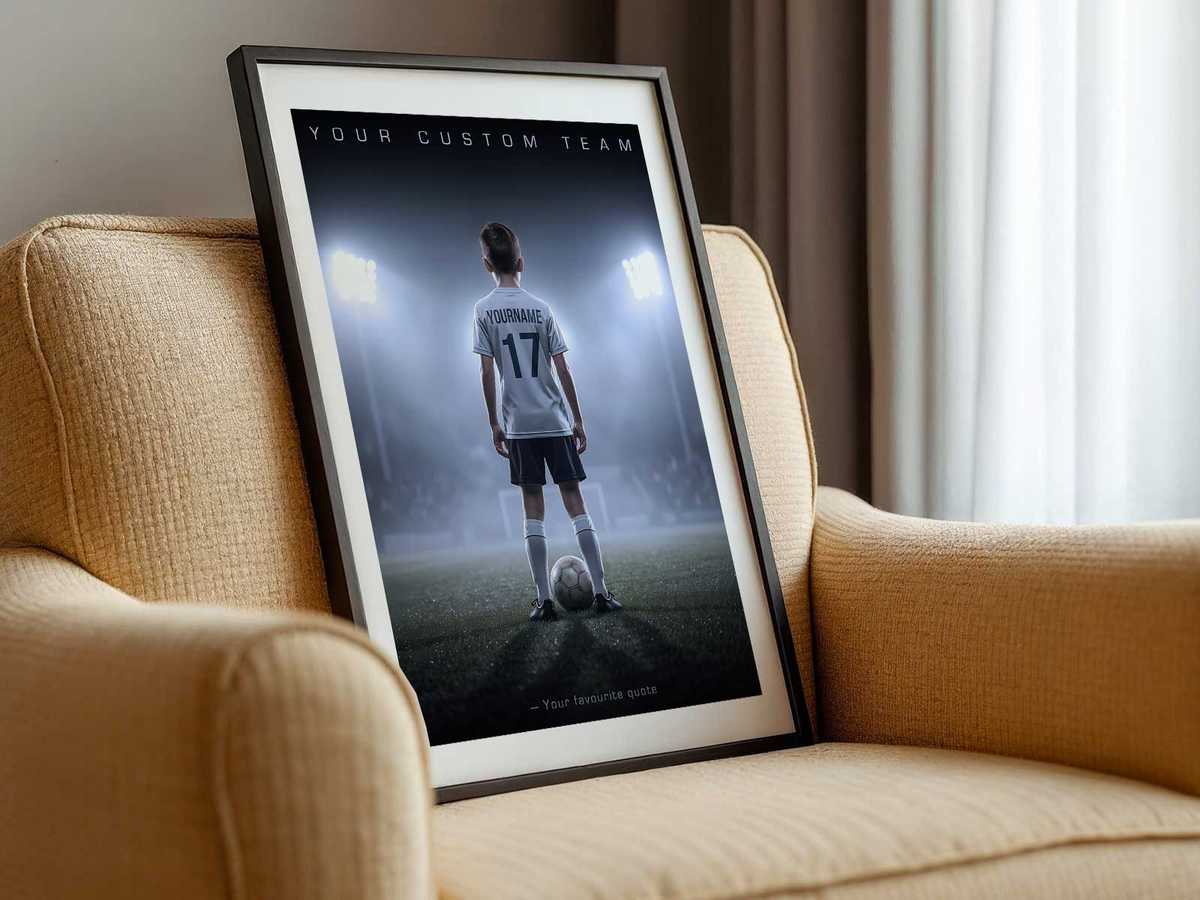 Framed collage of a youth soccer team photo with game-day moments and printed names beneath each player