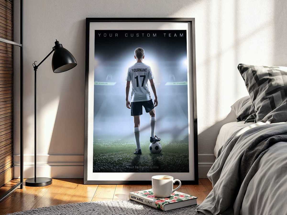Large inspirational soccer poster displayed in a home training area, reflecting the player’s goals and visual presence…