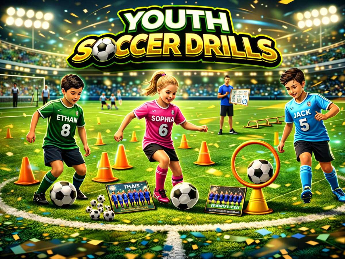 Under six players dribbling a soccer ball through a line of colored cones on a small grass pitch