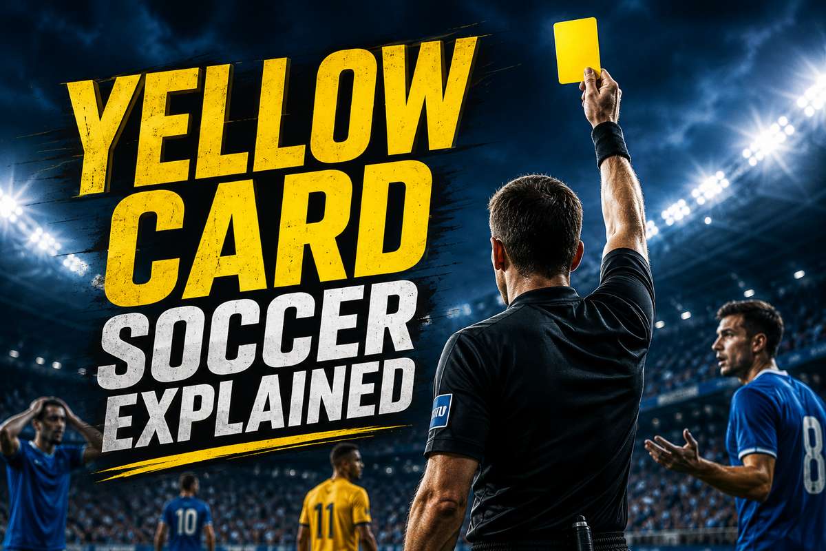 Referee holding up a yellow card in a soccer match during a cautionable moment
