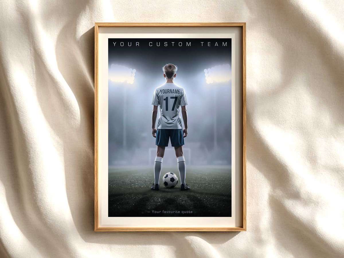 Personalized Leather Soccer Journal for Memories soccer poster shown as framed football wall decor